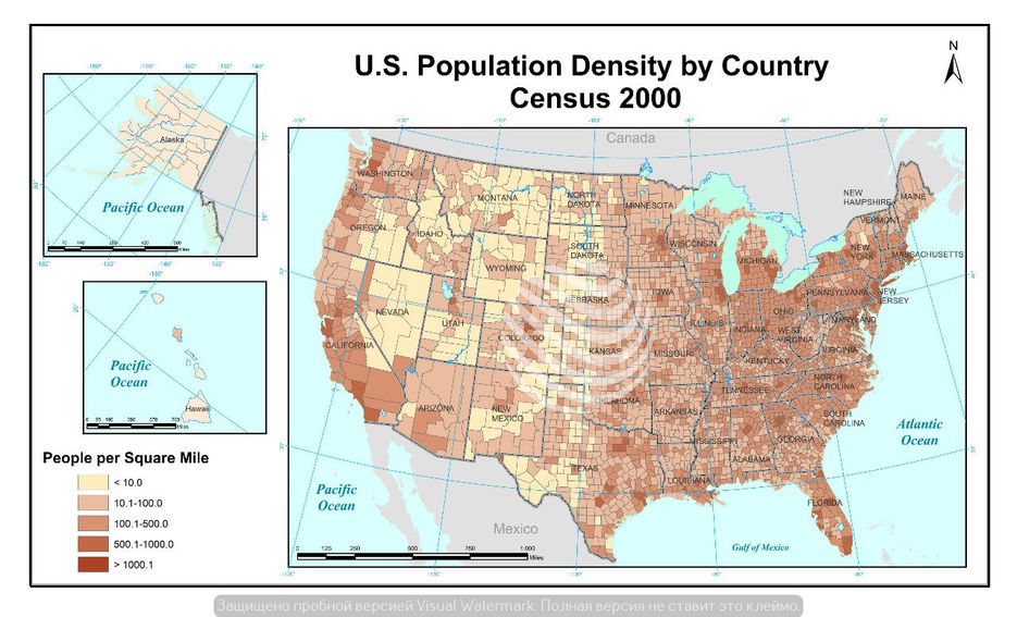 Карта населения сша по плотности населения