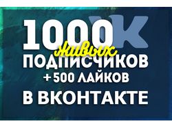 1000 живых подписчиков+500 лайков в Вконтакте
