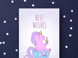 Единорог с пирожным, открытка ко Дню Рождения