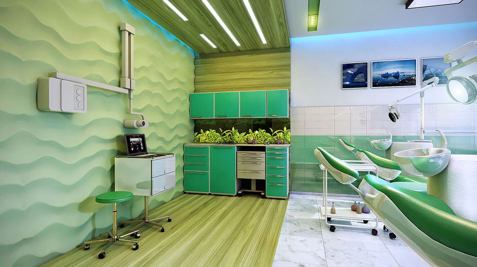 Интерьер стоматологической клиники. Стены в стоматологическом кабинете. Стоматология в зеленом цвете. Интерьер детской стоматологии.