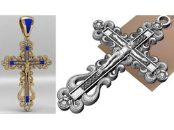 Золотой крест с фианитами и синей эмалью