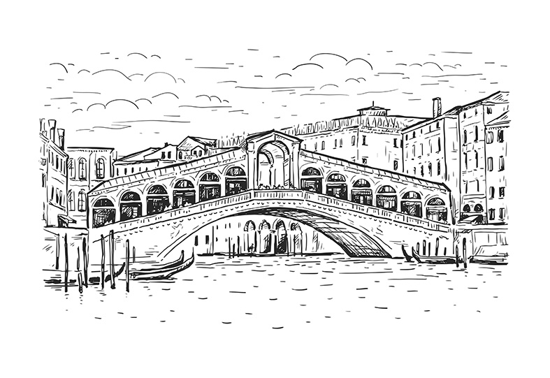 Hand drawn sketch vector illustration of Venice, Italy. Drawing of Bridge Rialto, Grand canal, houses and gondola isolated on white.Black line isolated on white.jpg
