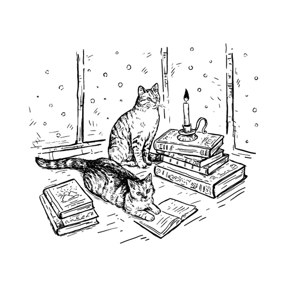 Hand drawn sketch vector white background with books, cats and candle. Cats are reading books.  Black line isolated on white. Design for engraving, banner, poster, card-01.jpg