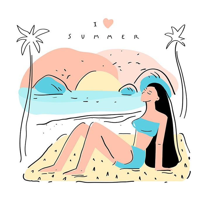 I love summer. Beautiful girl on the beach. Flat  hand drawn composition with quote, beach, sunset and woman. Useful for print, posters, web design, banner, postcard. Vector illustration.jpg