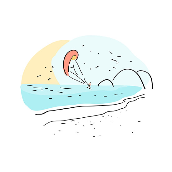 Kite surfing. Extreme sports. Hand drawn summer background. Simple drawing with beach. Useful for poster, card, banner and web design. Print for t-shirt or bag.jpg
