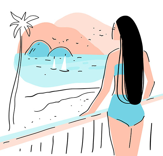 Summer vector romantic background. Flat hand drawn composition with boats, palm, beach, sunset and woman. Useful for poster, web design, banner, postcard.jpg