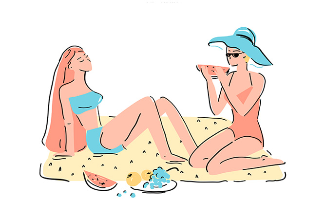 Summer time vector template. Two girls in a swimsuit. Flat  hand drawn composition with women and fruits. Vector summer and beach concept. Design for flyer, card, invitation, mailing and web banner.jpg
