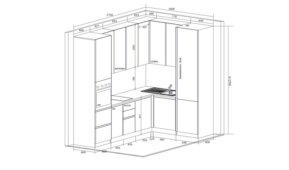Дизайн кухни угловой чертеж