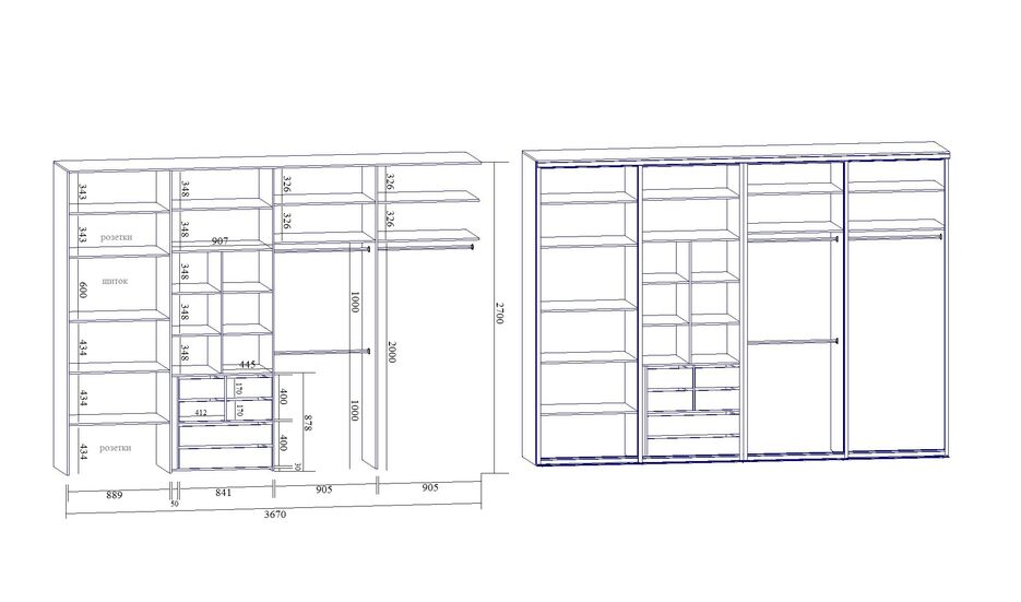 Шкаф купе 4 метра чертеж