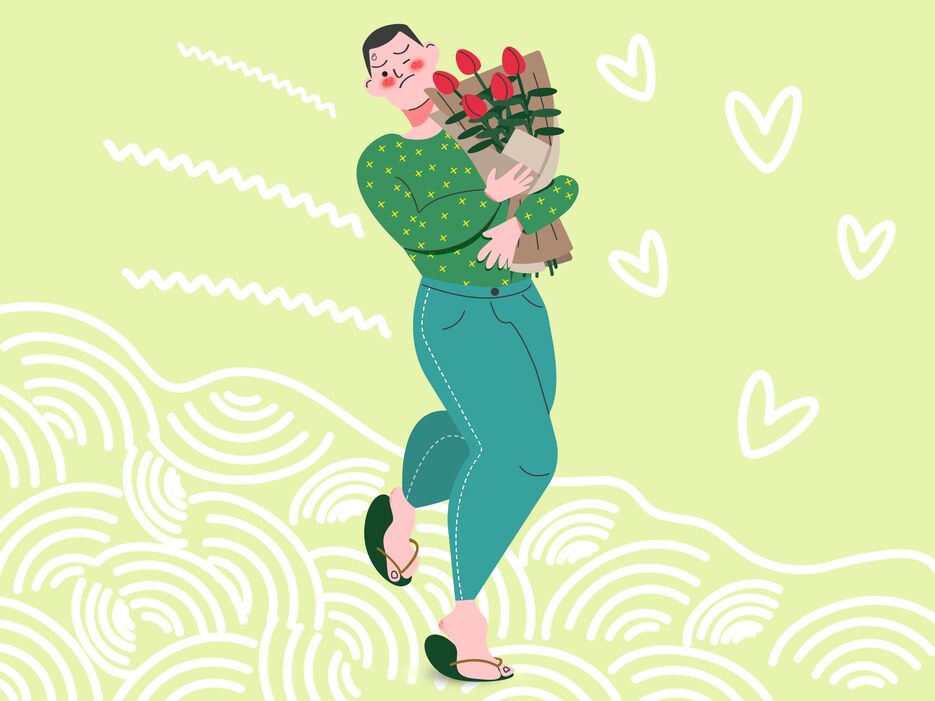 Guy running on a date with a bouquet of roses in flat style 1600x1200.png