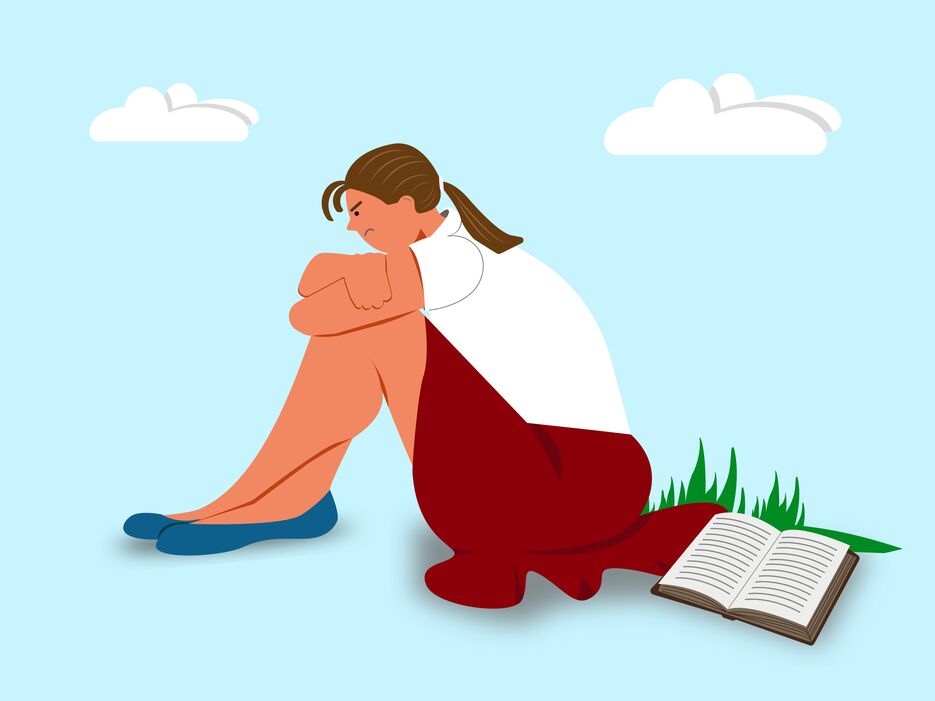 Girl unhappy with the start of the school year with a book in flat style 1600 1200.png