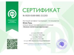Сертификат ООО "НГФ" о квалификации фрилансера