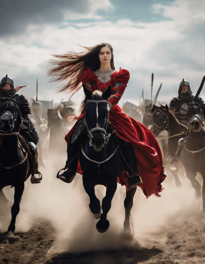 a_woman_riding_a_horse_in_a_luxurious_black_red_dress_against_the_backdrop_of_warriors_in_armor_235439420.png