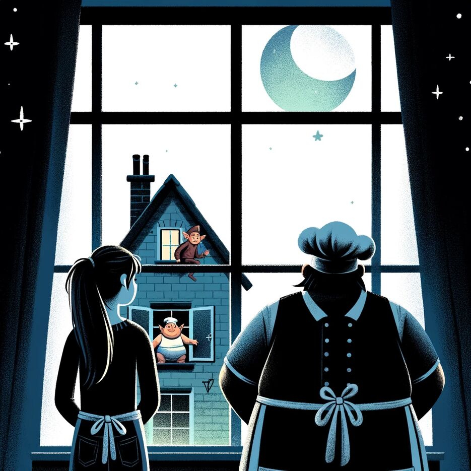 DALL·E 2023-12-16 18.07.39 - A book cover illustration for a story_ two silhouettes standing at a window, a teenage girl and a chubby baker in work attire, both facing away from t.png