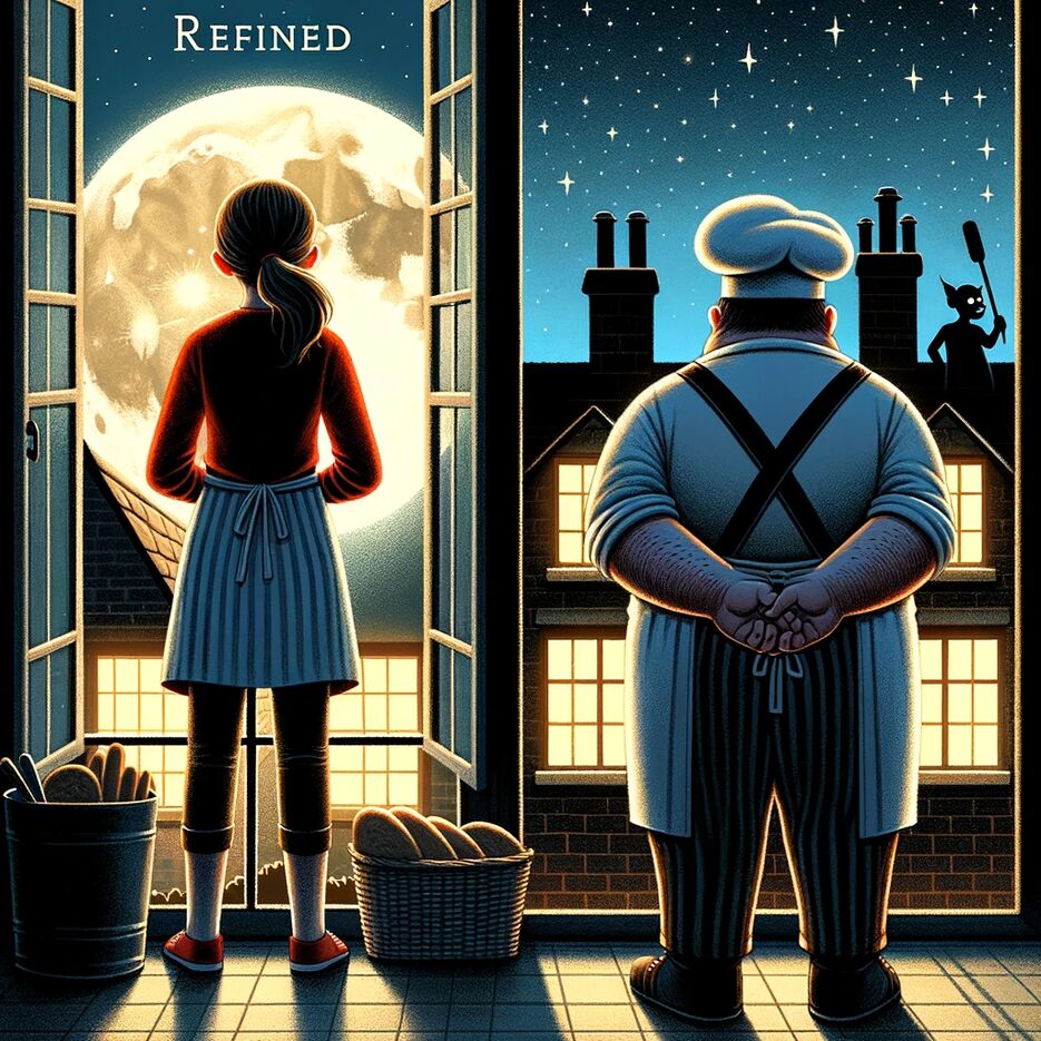 DALL·E 2023-12-16 18.07.43 - A book cover illustration for a story, refined_ two silhouettes, a teenage girl and a chubby baker in work attire, standing at a window facing away fr.png