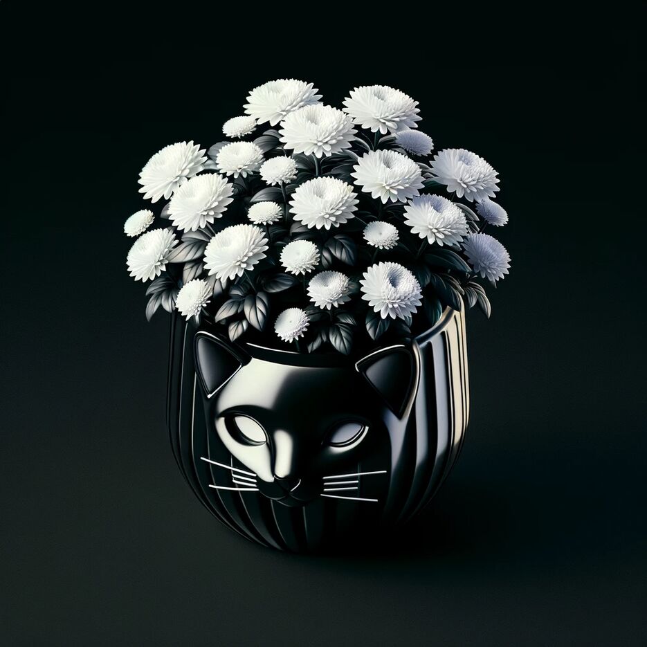 DALL·E 2023-12-16 18.37.30 - Create a 3D render of an elegant, refined flower pot with a glamorous noir aesthetic and glossy texture, styled like a sophisticated cat. Inside the p.png