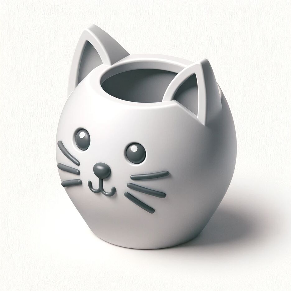 DALL·E 2023-12-16 18.37.18 - Create a 3D render of a small ceramic flower pot in the style of a cat with ears as part of the pot's structure, and eyes, nose, mouth, and whiskers p.png