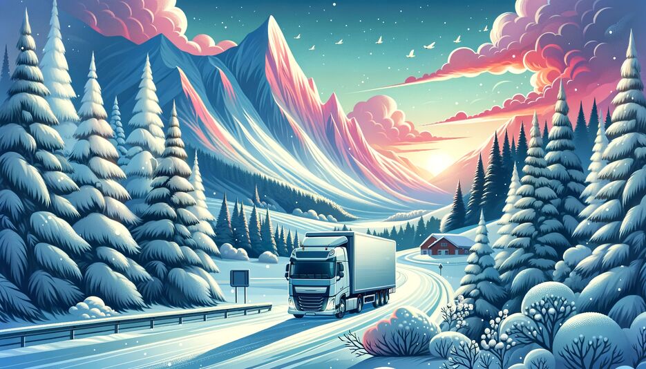 DALL·E 2023-12-16 19.13.05 - Illustration for a freight company with a winter theme. The scene depicts a natural winter landscape with alpenglow illuminating the snow-covered moun.png