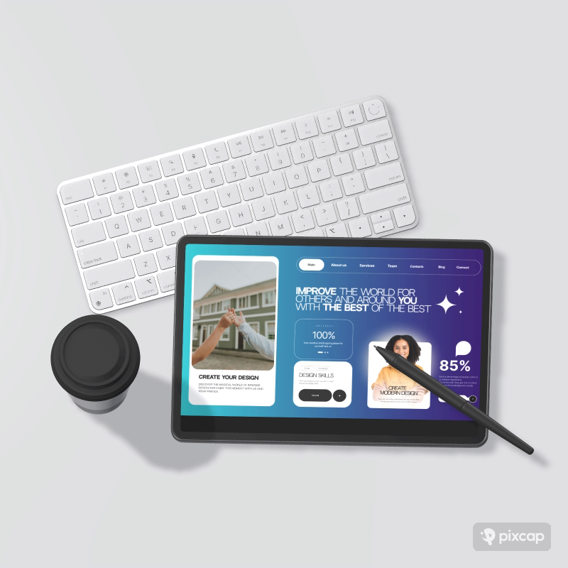 Tablet 3D Mockup Template With Keyboard And Coffee Cup Top View.png