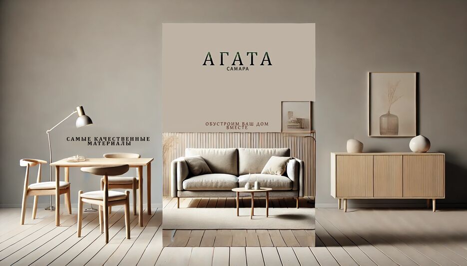DALL·E 2024-10-24 17.31.13 - A simple and clean advertising banner for a furniture company named 'АГАТА'. The design should feature minimalistic, modern furniture such as a sofa a.png