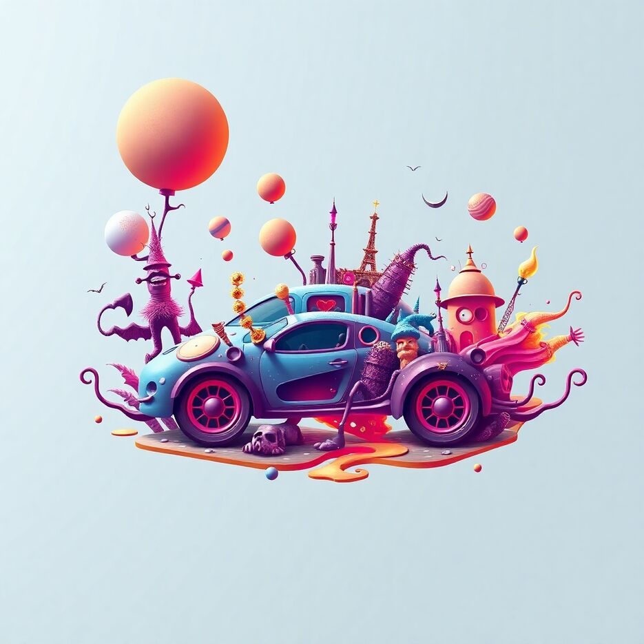 A dreamlike surreal logo for a car film application company, incorporating fantastical elements and bizarre scenes in a vibrant, imaginative style.jpg