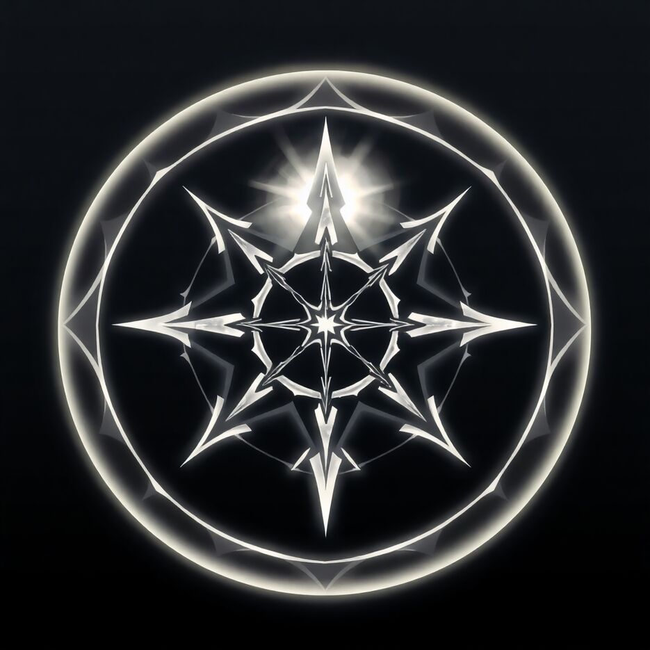 Create an ethereal, spiritual logo in the medieval dark fantasy style using geometric shapes and clean lines, emphasizing balance and visual clarity. The logo should evoke a mystical feeling and feature light aura. .jpg