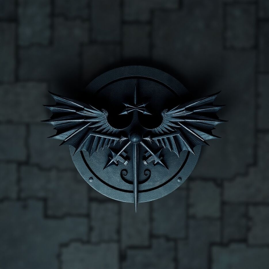 Overhead bird's-eye view, medieval dark fantasy logo. Top-down perspective. Studio name and symbolic imagery. Logo legible across platforms.jpg