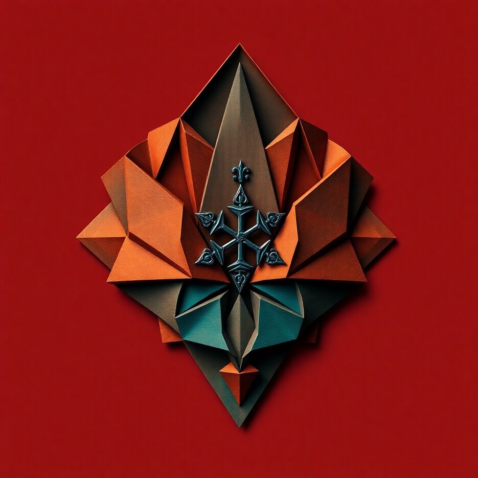 Intricate origami style, warm terracotta and cool teal, folded paper look, geometric precision. Medieval dark fantasy logo dark, gloomy atmosphere, studio name font combining image and text, symbols alongside studio.jpg
