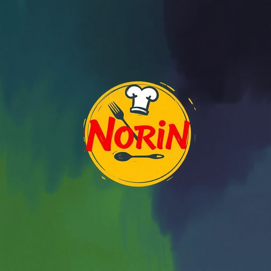 Misty atmospheric, rough dynamic digital sketch using loose painterly strokes. Cool blues, greens, purples. Circular yellow NORIN logo with red stylish lettering, chef's hat, spoon, and fork.  Epic complementary col.jpg