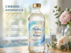 Дизайн этикетки и рекламной карточки продукта Hydra Glow Water